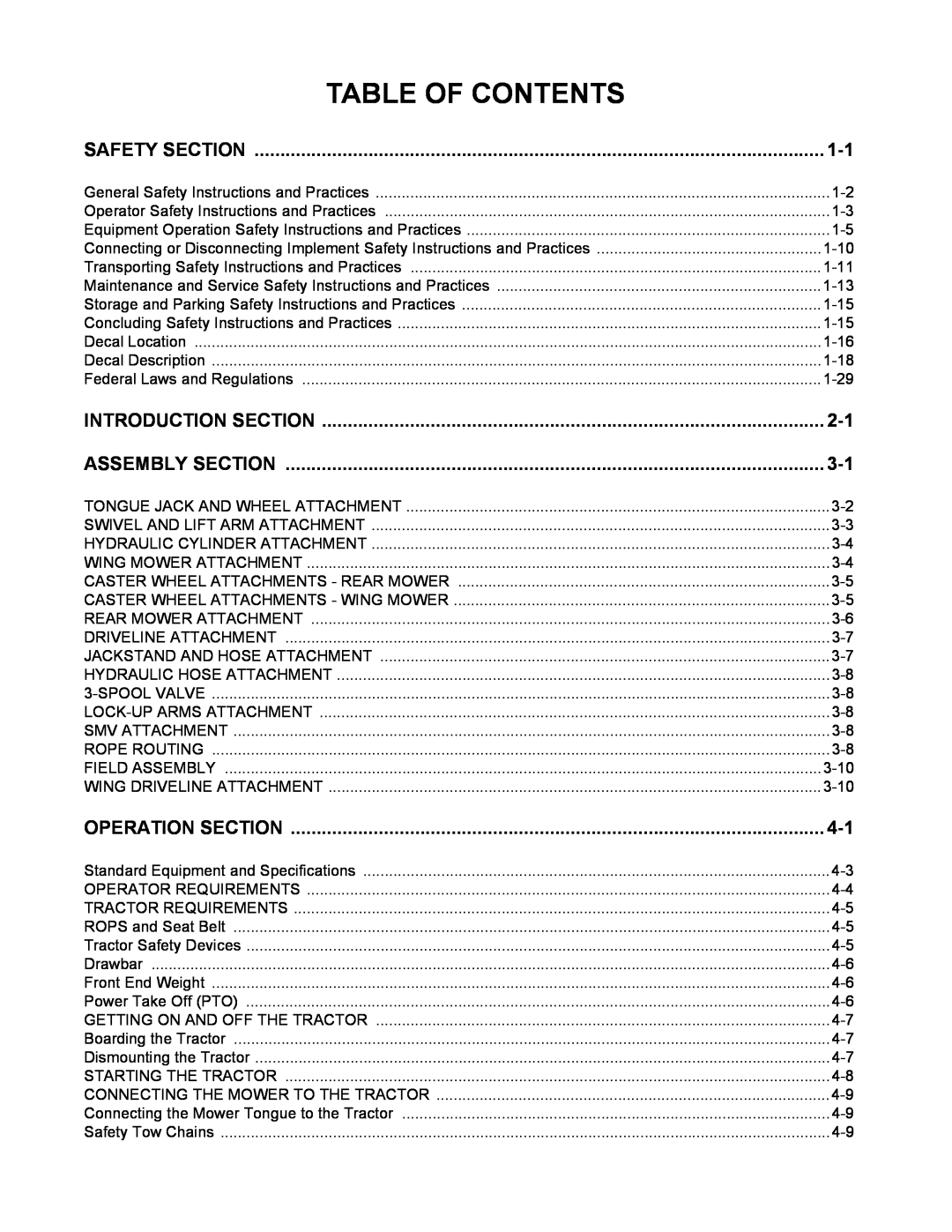 Alamo TX235 manual Table Of Contents, Safety Section, Introduction Section, Assembly Section, Operation Section 