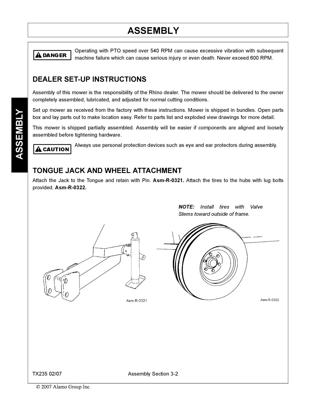 Alamo TX235 manual Assembly, Dealer Set-Up Instructions, Tongue Jack And Wheel Attachment 