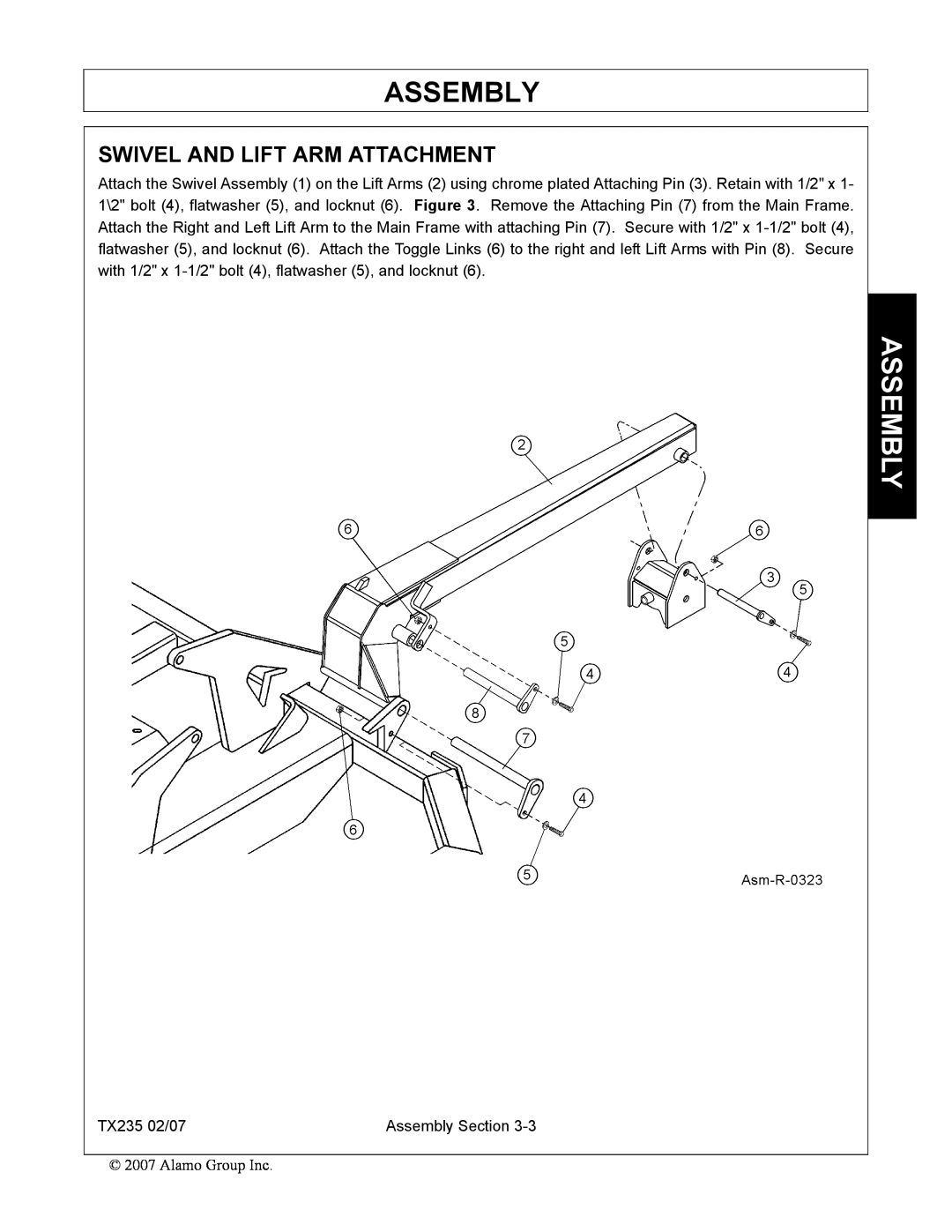 Alamo TX235 manual Swivel And Lift Arm Attachment, Assembly 