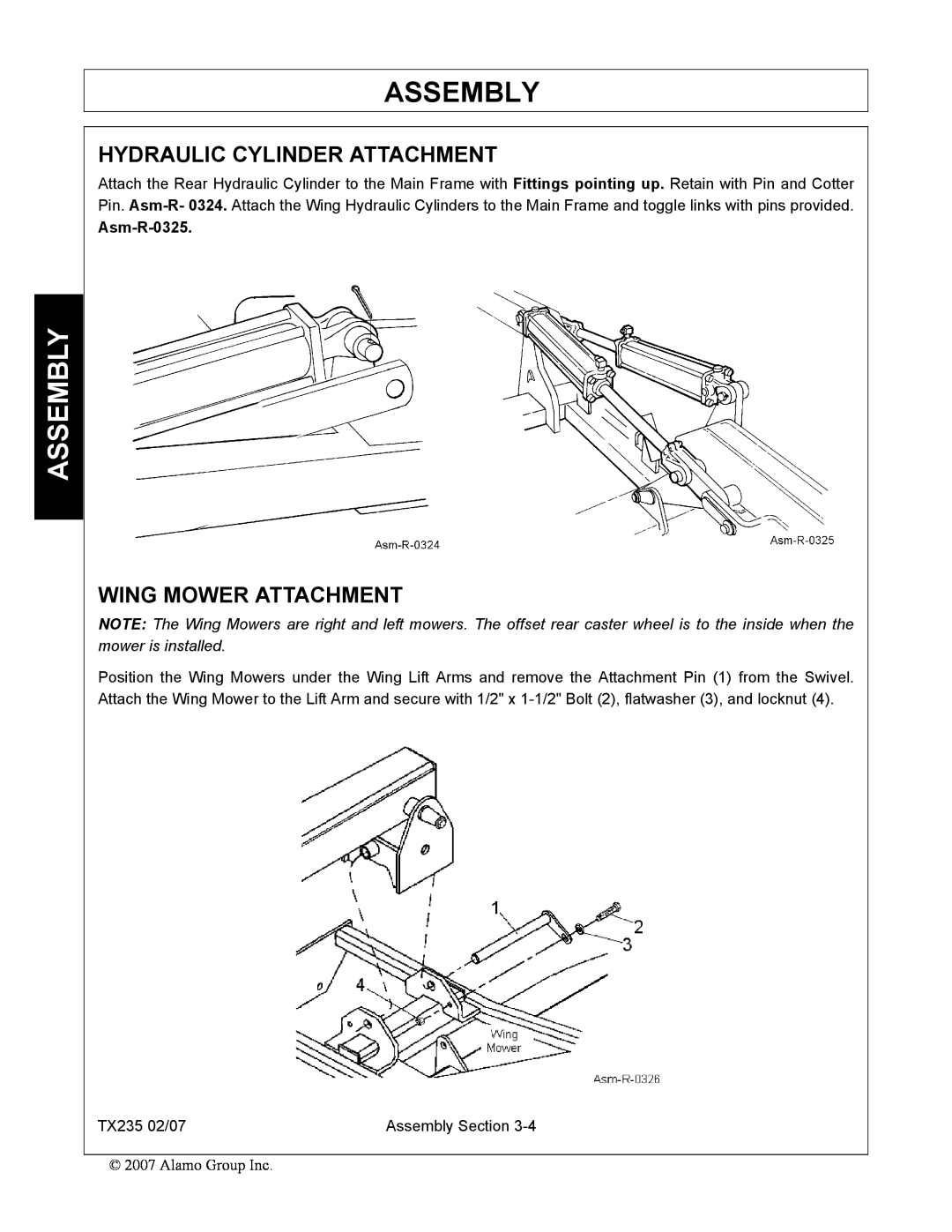 Alamo TX235 manual Hydraulic Cylinder Attachment, Wing Mower Attachment, Assembly, Asm-R-0325 