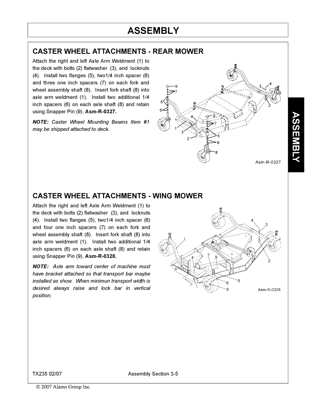 Alamo TX235 manual Caster Wheel Attachments - Rear Mower, Caster Wheel Attachments - Wing Mower, Assembly 