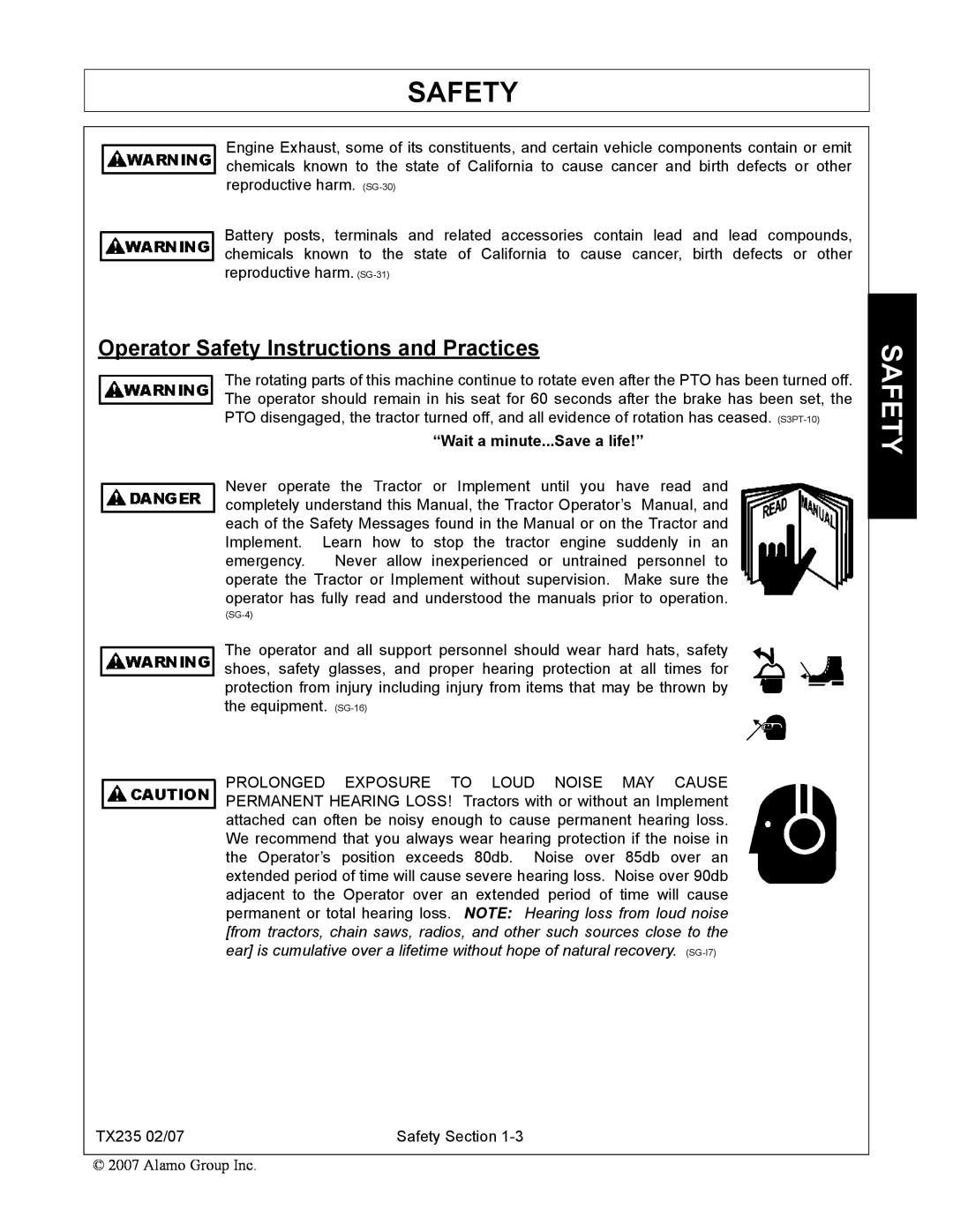 Alamo TX235 manual Operator Safety Instructions and Practices, “Wait a minute...Save a life!” 