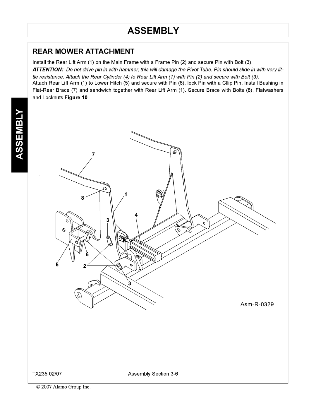 Alamo TX235 manual Rear Mower Attachment, Assembly 