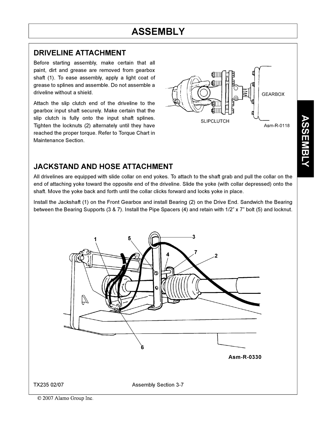 Alamo TX235 manual Driveline Attachment, Jackstand And Hose Attachment, Assembly 