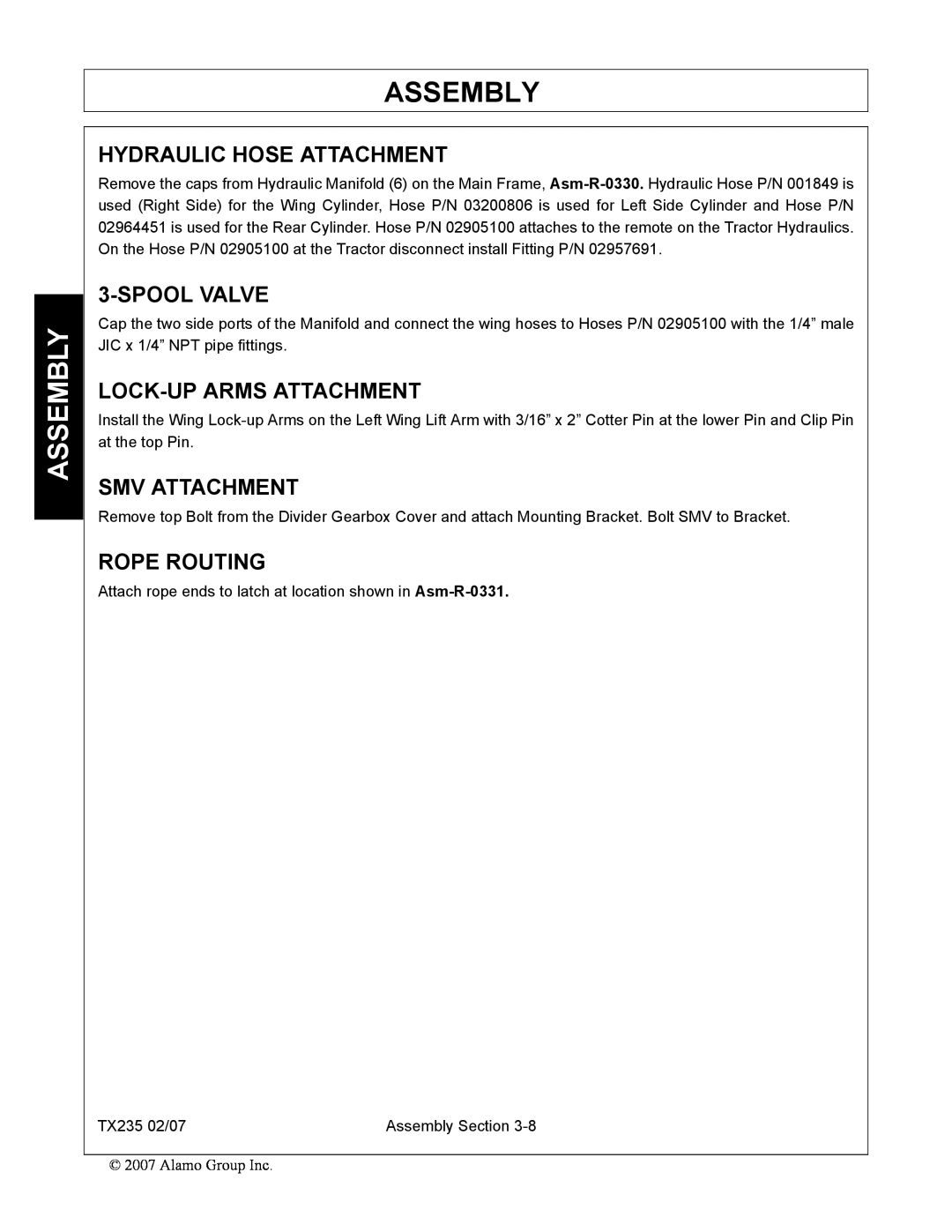 Alamo TX235 manual Hydraulic Hose Attachment, Spool Valve, Lock-Up Arms Attachment, Smv Attachment, Rope Routing, Assembly 