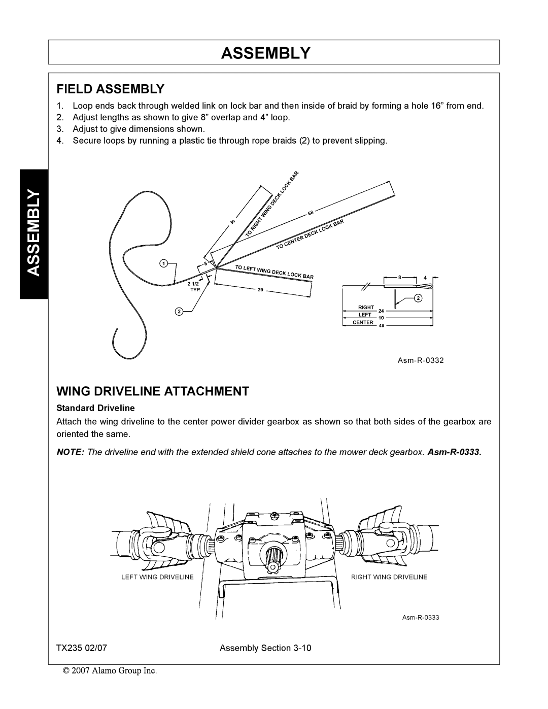 Alamo TX235 manual Field Assembly, Wing Driveline Attachment, Standard Driveline 