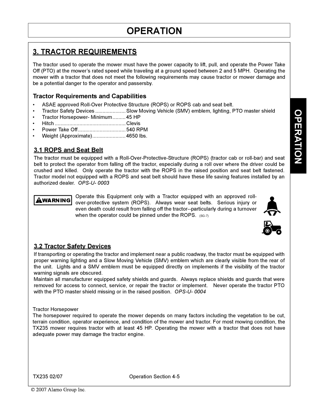 Alamo TX235 manual Tractor Requirements and Capabilities, ROPS and Seat Belt, Tractor Safety Devices, Operation 