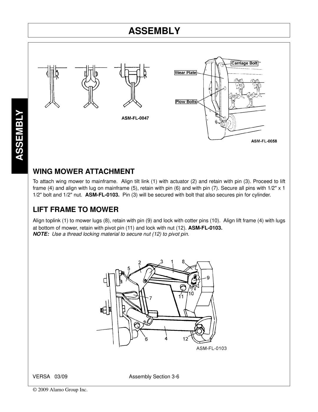 Alamo Versa Series manual Wing Mower Attachment, Lift Frame to Mower 