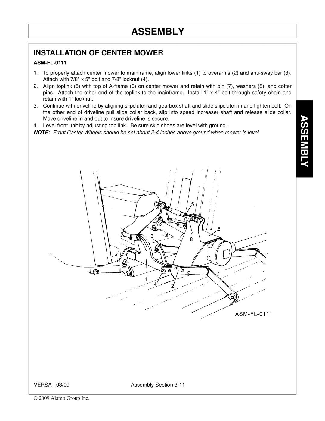 Alamo Versa Series manual Installation of Center Mower, ASM-FL-0111 