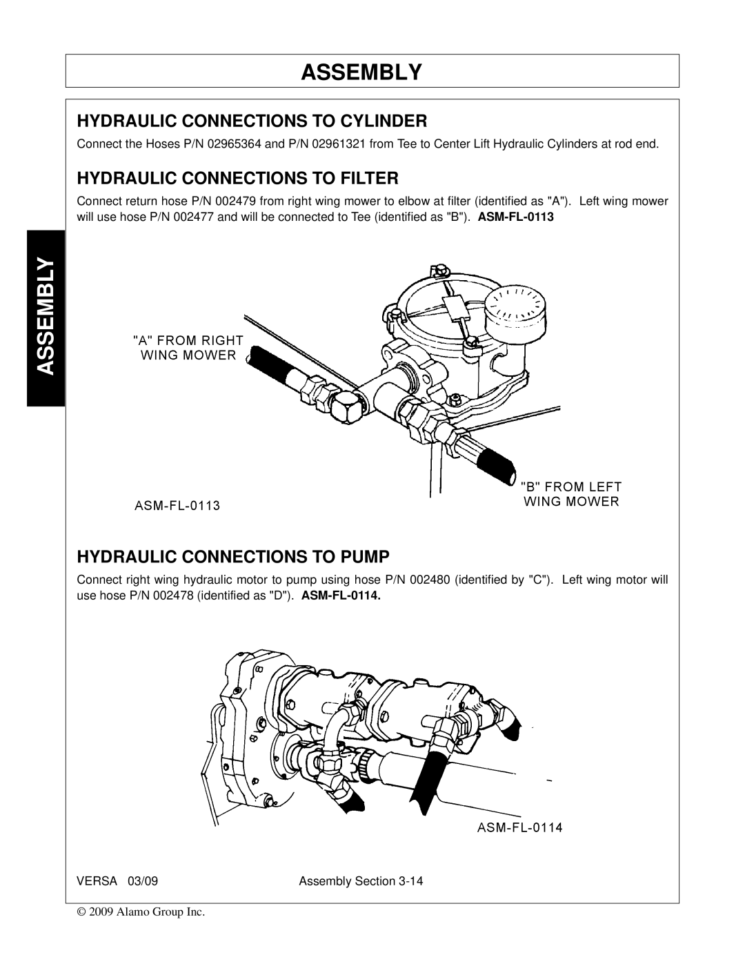 Alamo Versa Series manual Hydraulic Connections to Cylinder, Hydraulic Connections to Filter, Hydraulic Connections to Pump 