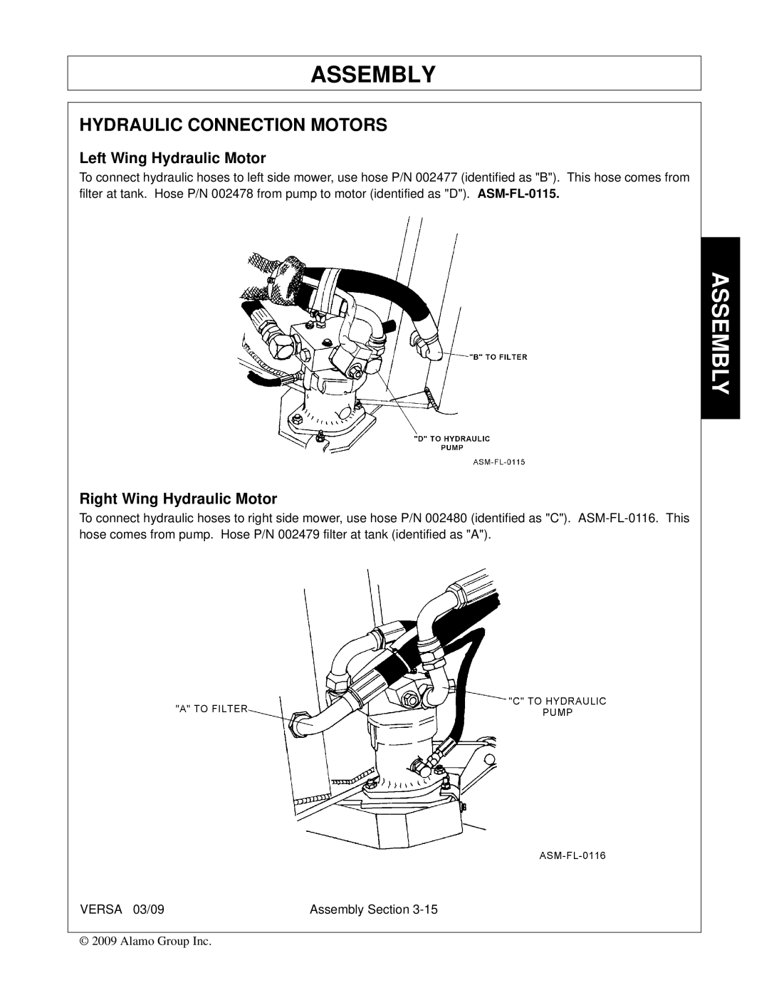 Alamo Versa Series manual Hydraulic Connection Motors, Left Wing Hydraulic Motor, Right Wing Hydraulic Motor 