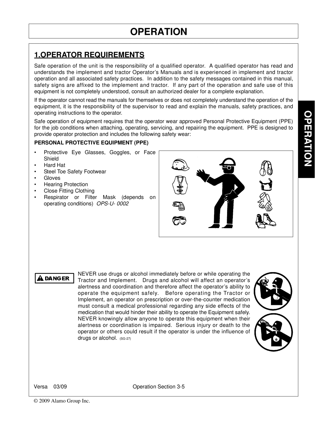 Alamo Versa Series manual Operator Requirements, Personal Protective Equipment PPE 