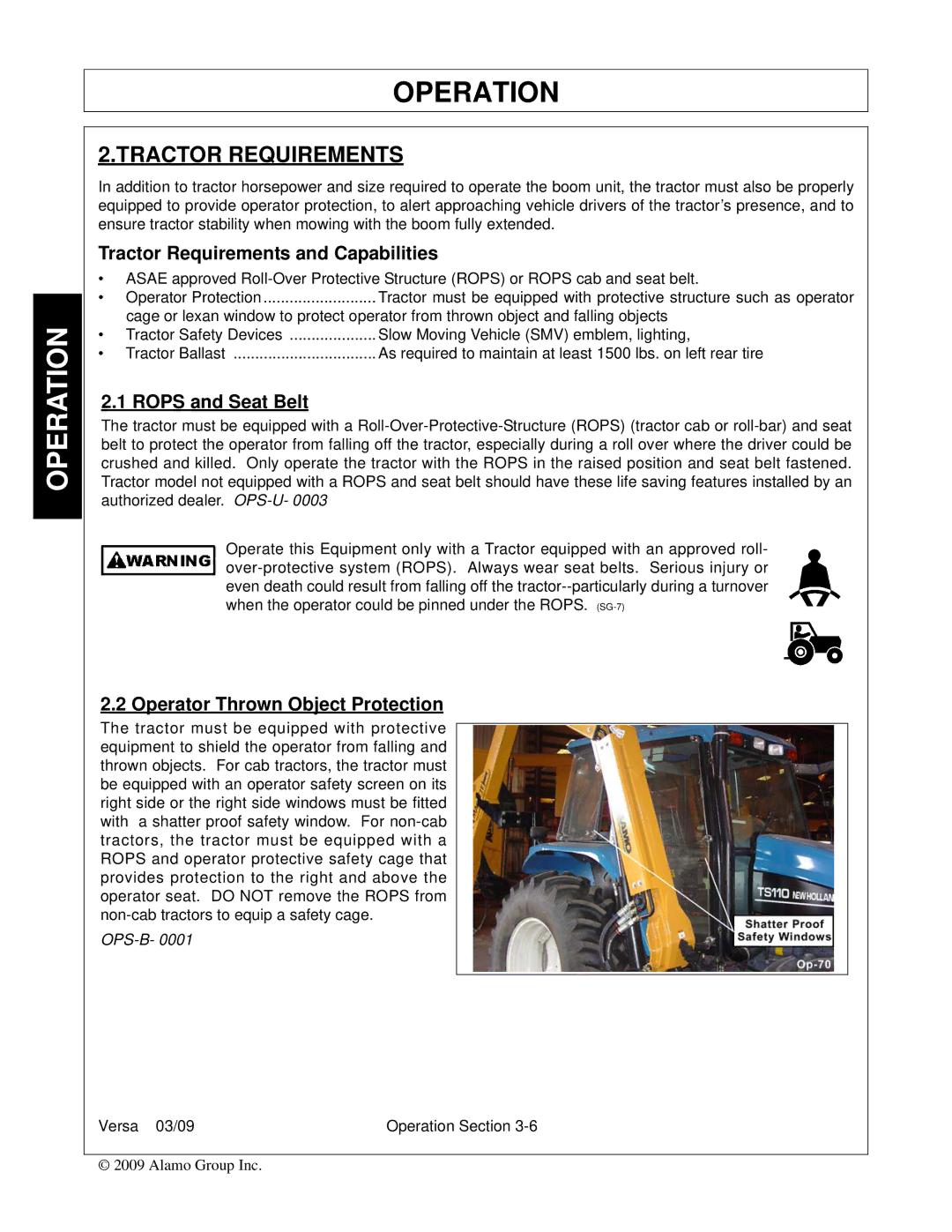 Alamo Versa Series manual Tractor Requirements and Capabilities, Rops and Seat Belt, Operator Thrown Object Protection 