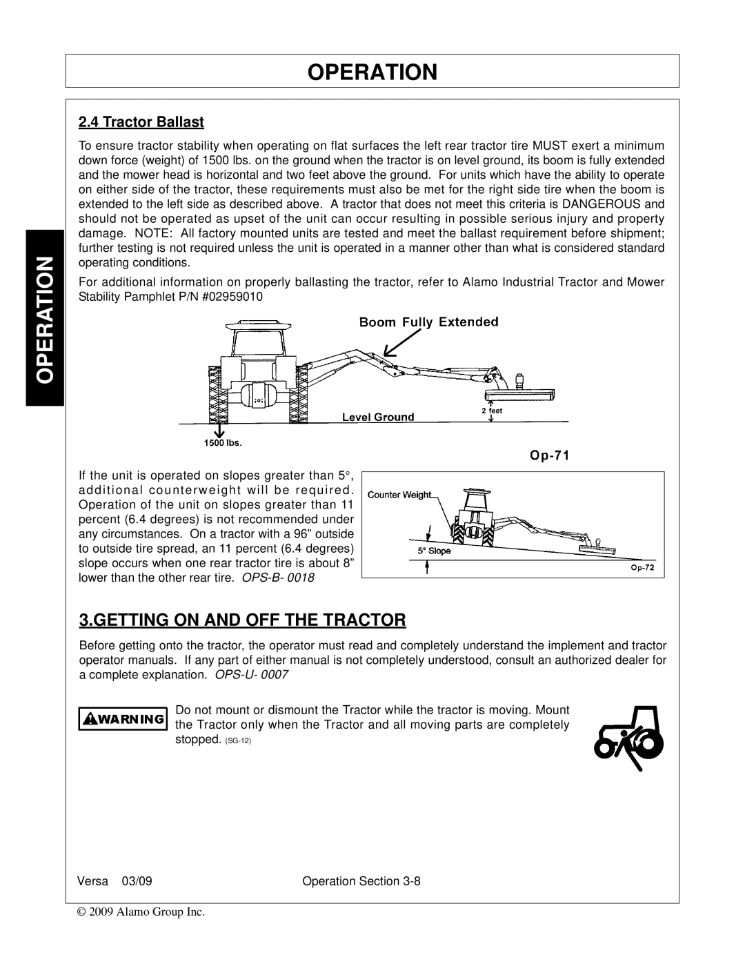 Alamo Versa Series manual Getting on and OFF the Tractor, Tractor Ballast 