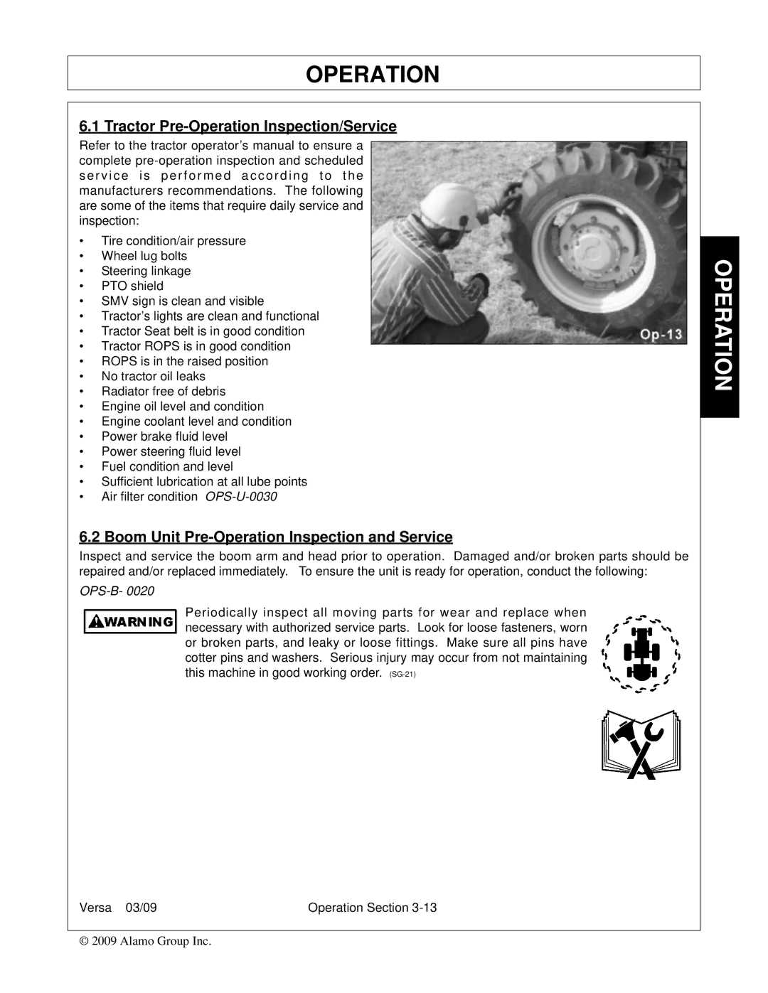 Alamo Versa Series manual Tractor Pre-Operation Inspection/Service, Boom Unit Pre-Operation Inspection and Service 