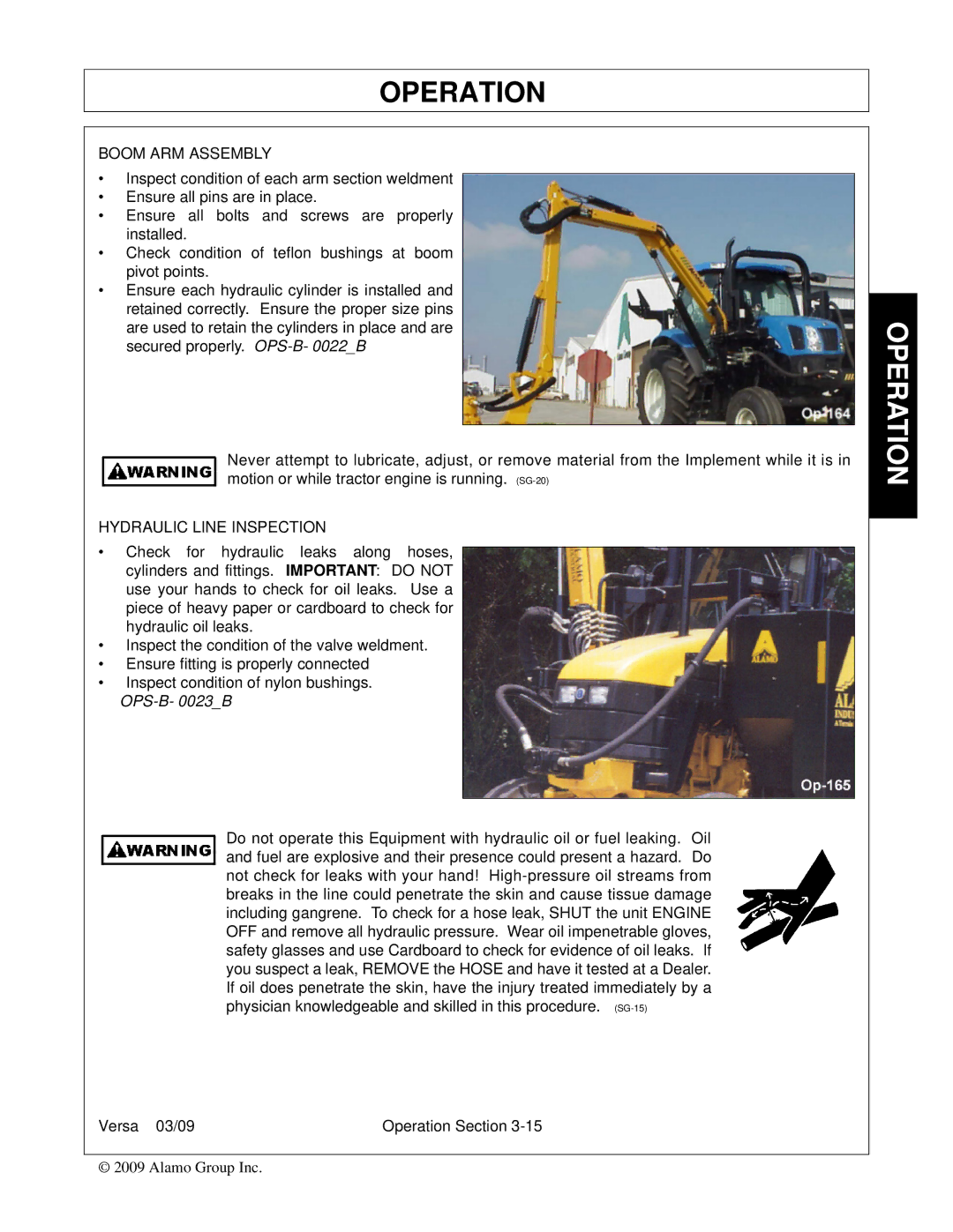 Alamo Versa Series manual Boom ARM Assembly, Hydraulic Line Inspection 