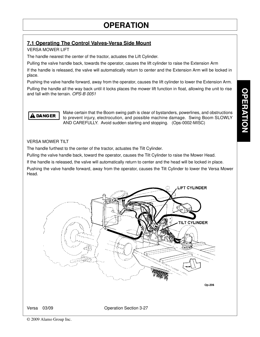 Alamo Versa Series manual Operating The Control Valves-Versa Side Mount, Versa Mower Lift, Versa Mower Tilt 