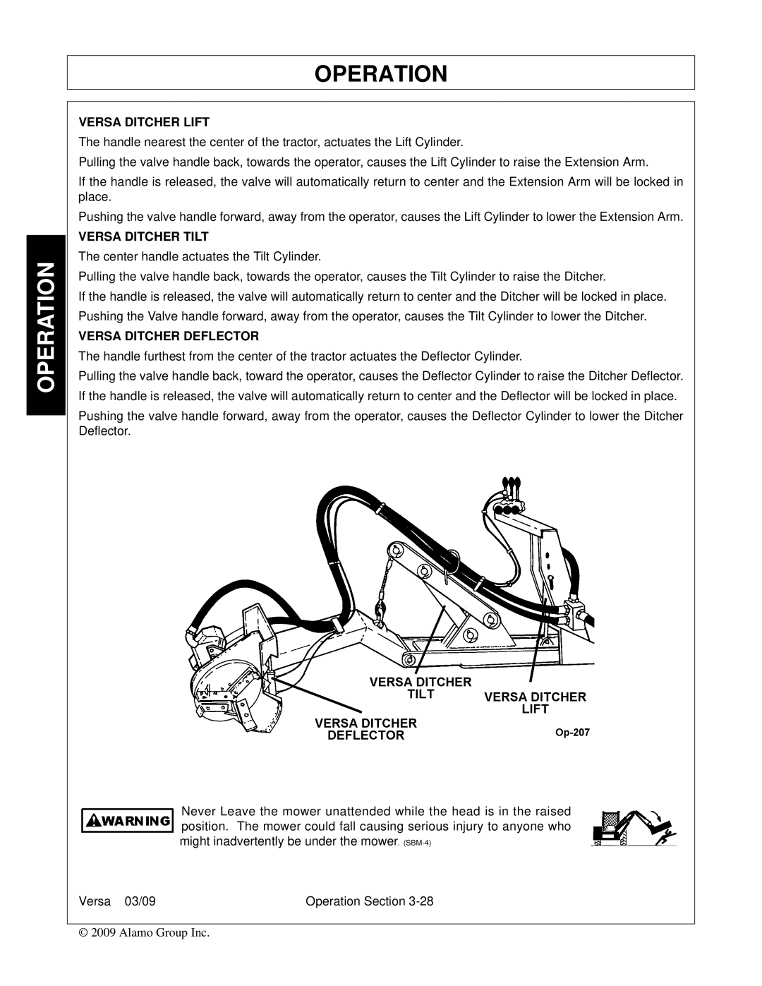 Alamo Versa Series manual Versa Ditcher Lift, Versa Ditcher Tilt, Versa Ditcher Deflector 