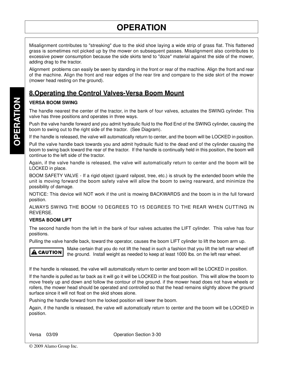 Alamo Versa Series manual Operating the Control Valves-Versa Boom Mount, Versa Boom Swing, Versa Boom Lift 