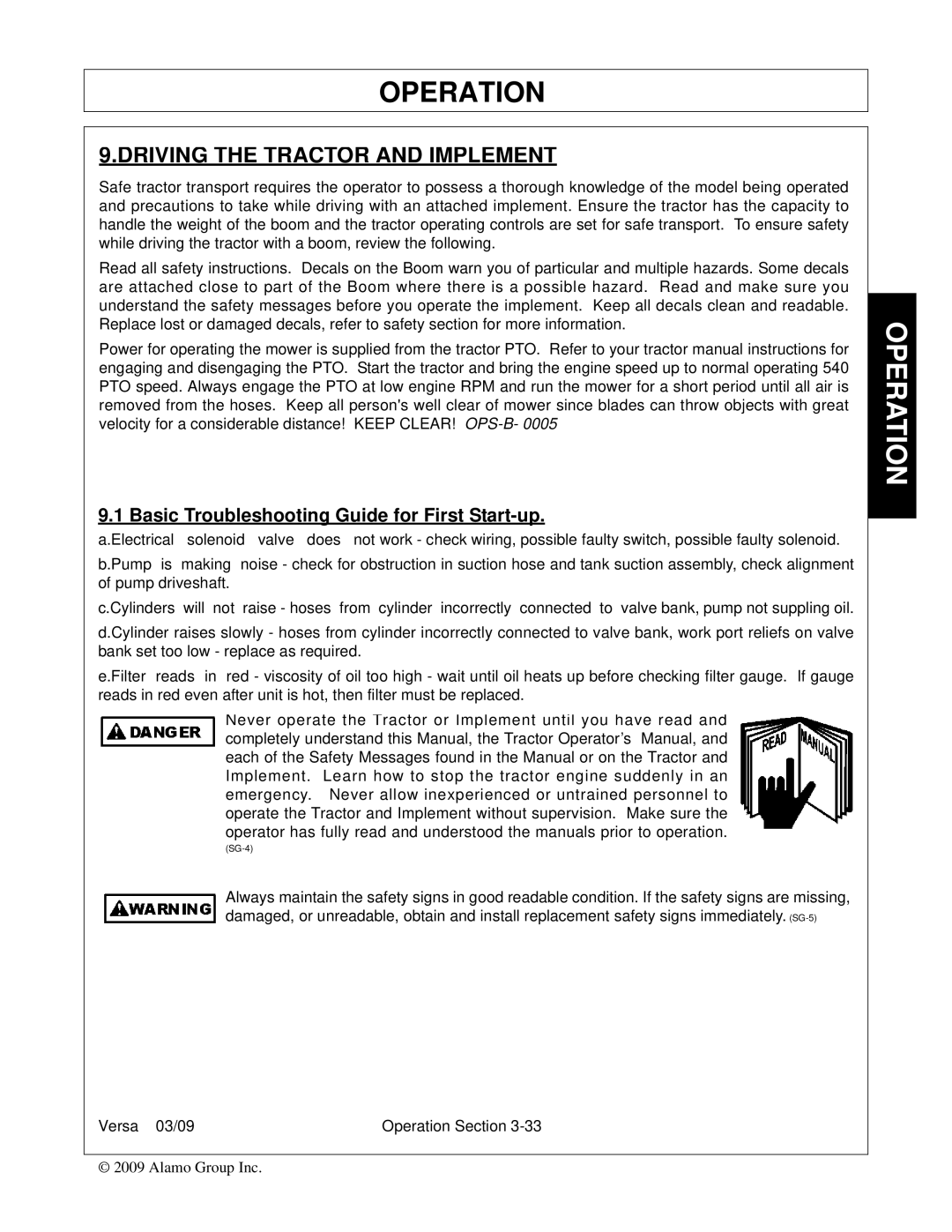 Alamo Versa Series manual Driving the Tractor and Implement, Basic Troubleshooting Guide for First Start-up 