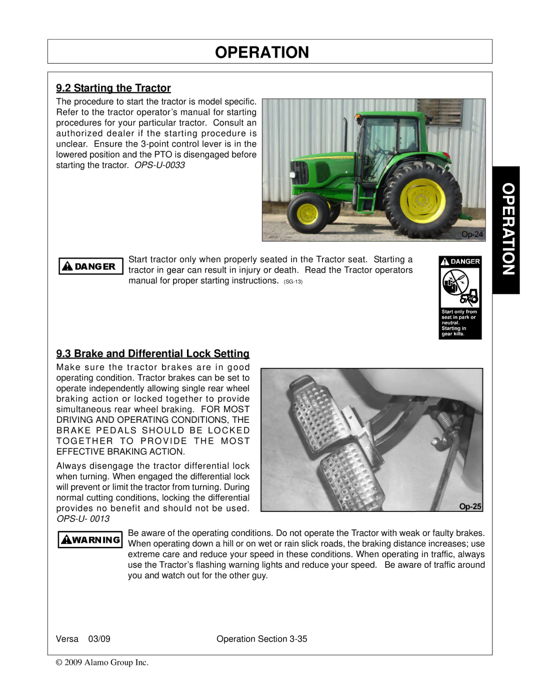 Alamo Versa Series manual Starting the Tractor, Brake and Differential Lock Setting 