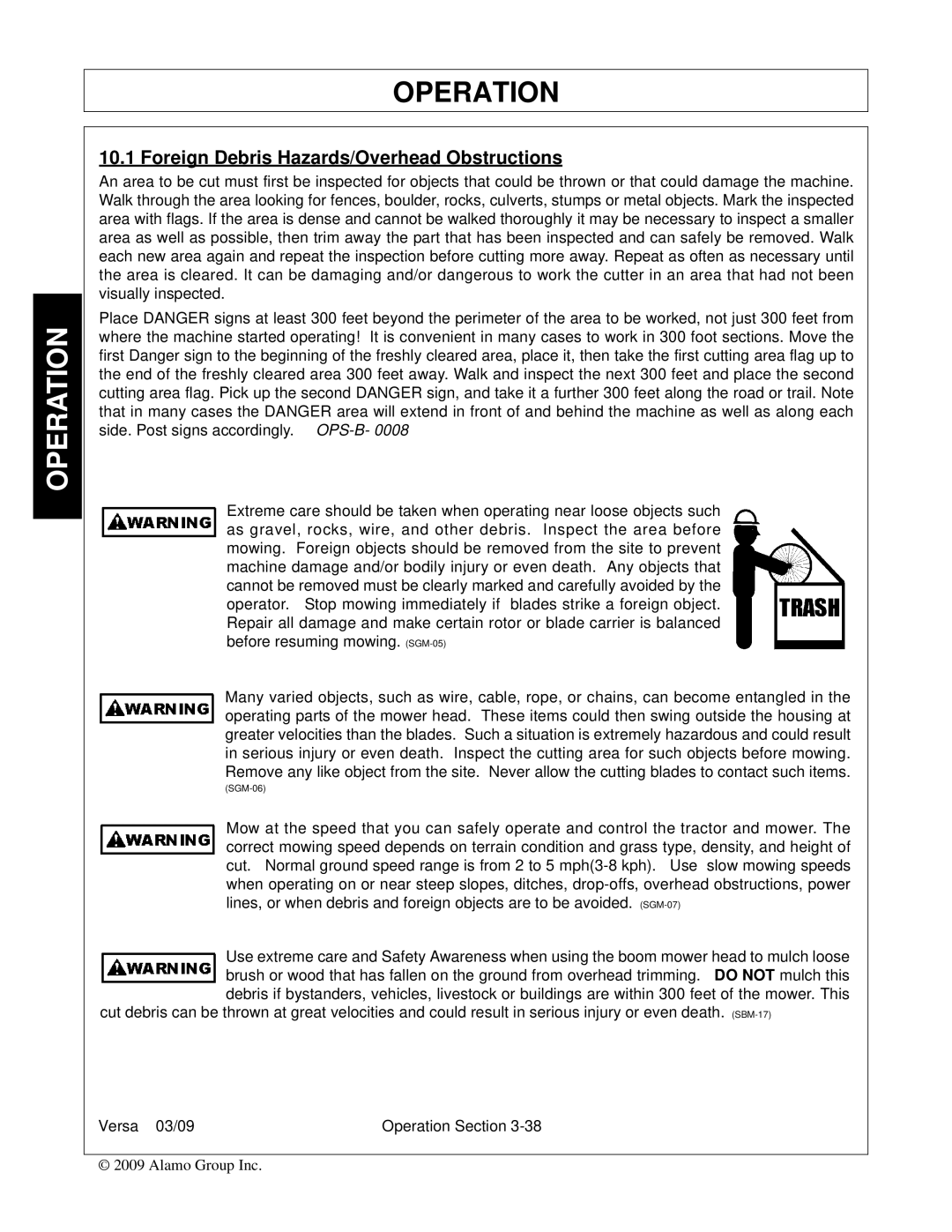 Alamo Versa Series manual Foreign Debris Hazards/Overhead Obstructions 