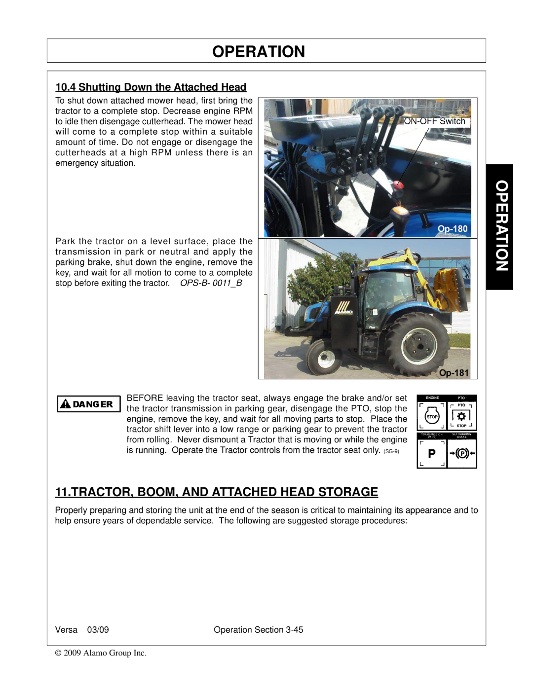 Alamo Versa Series manual TRACTOR, BOOM, and Attached Head Storage, Shutting Down the Attached Head 