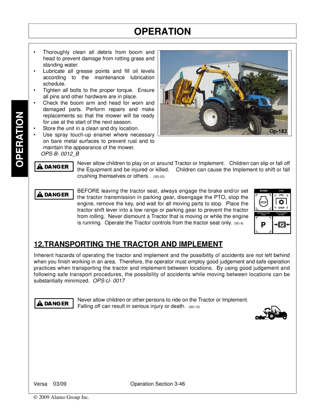 Alamo Versa Series manual Transporting the Tractor and Implement 