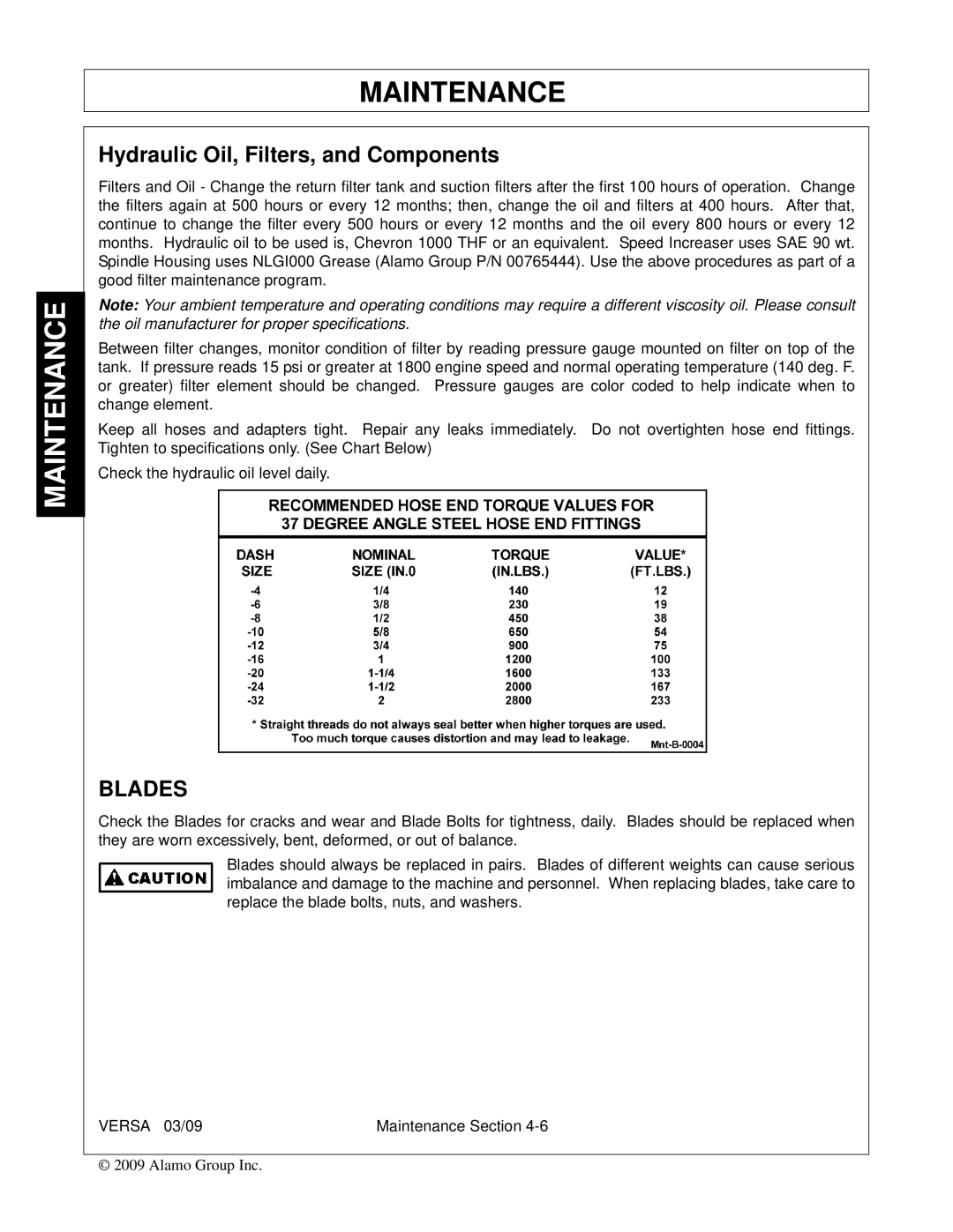 Alamo Versa Series manual Hydraulic Oil, Filters, and Components, Blades 