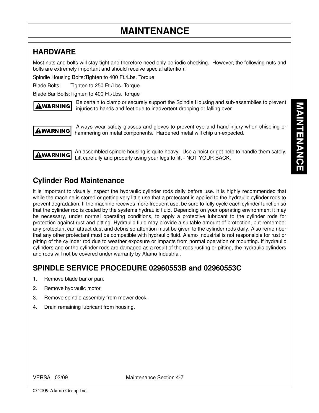 Alamo Versa Series manual Hardware, Cylinder Rod Maintenance, Spindle Service Procedure 02960553B and 02960553C 