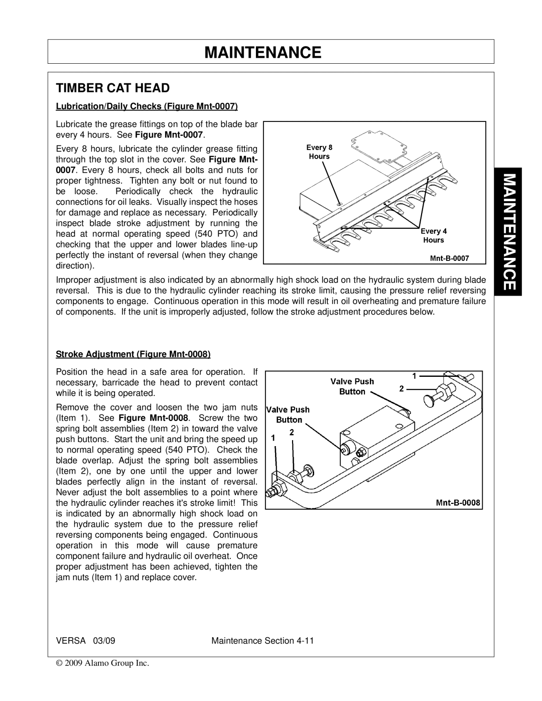 Alamo Versa Series manual Timber CAT Head, Lubrication/Daily Checks Figure Mnt-0007, Stroke Adjustment Figure Mnt-0008 