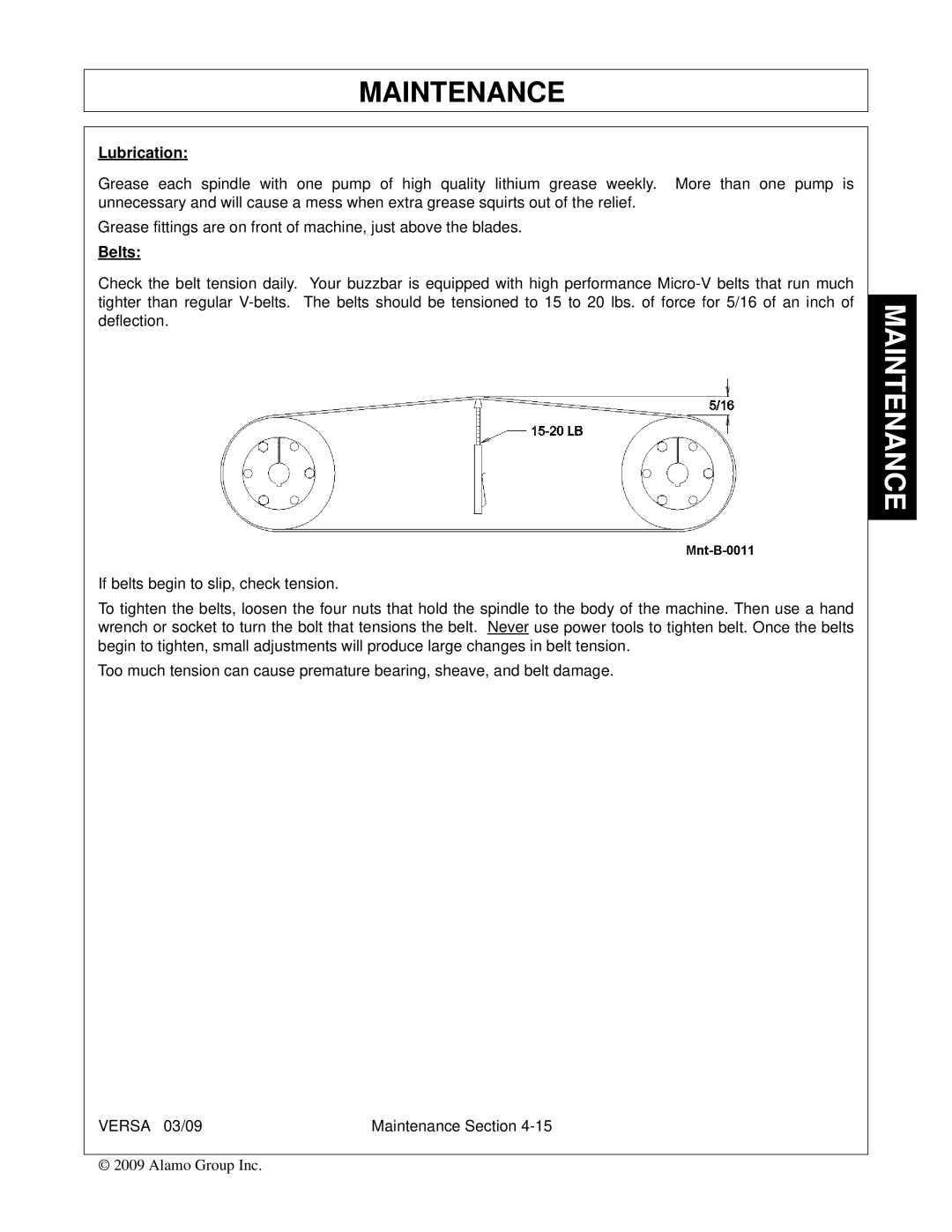 Alamo Versa Series manual Lubrication, Belts 