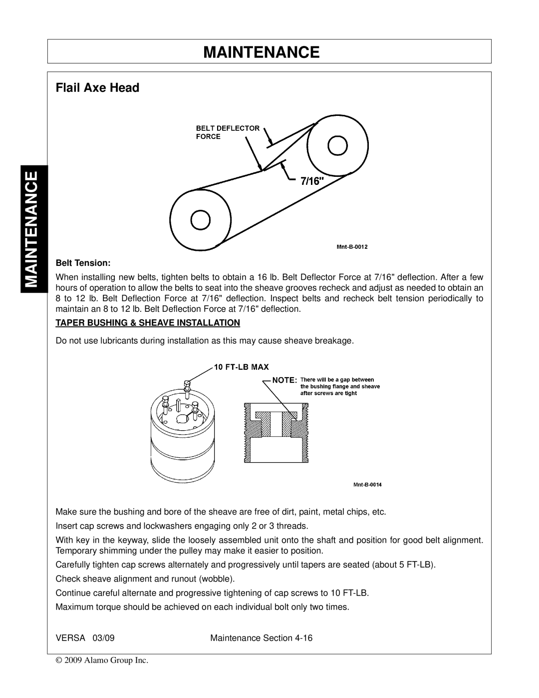 Alamo Versa Series manual Flail Axe Head, Belt Tension, Taper Bushing & Sheave Installation 