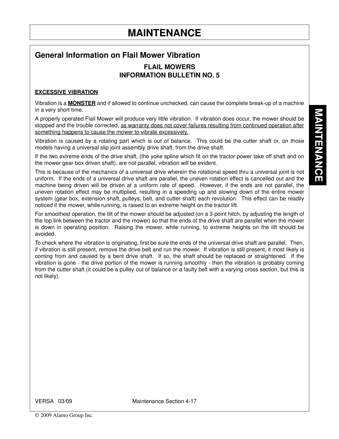 Alamo Versa Series manual General Information on Flail Mower Vibration, Excessive Vibration 