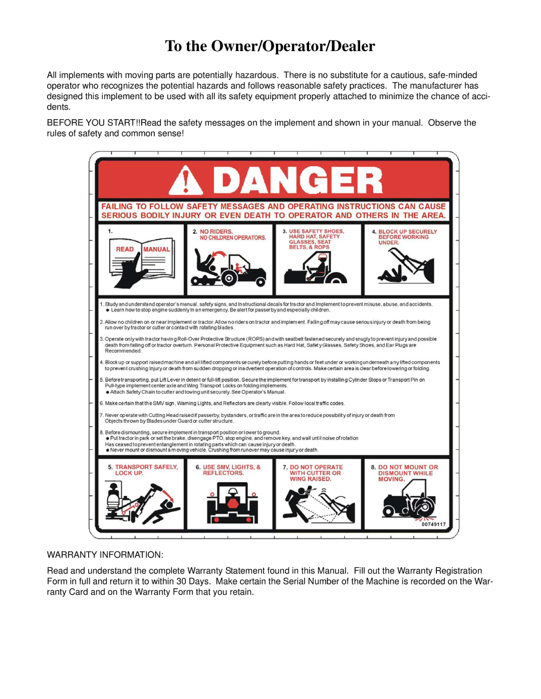 Alamo Versa Series manual To the Owner/Operator/Dealer, Warranty Information 