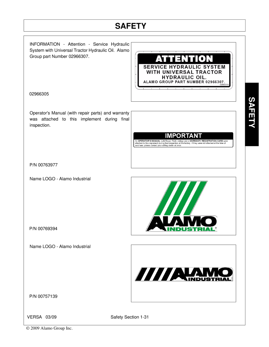 Alamo Versa Series manual Safety 