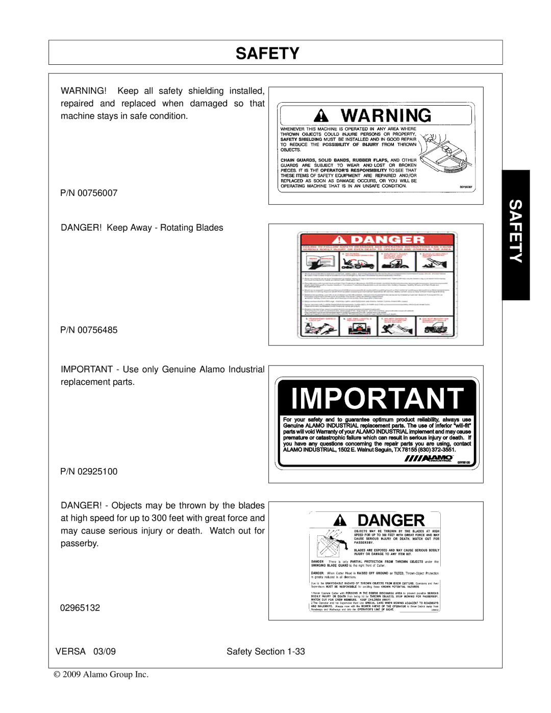 Alamo Versa Series manual Safety 