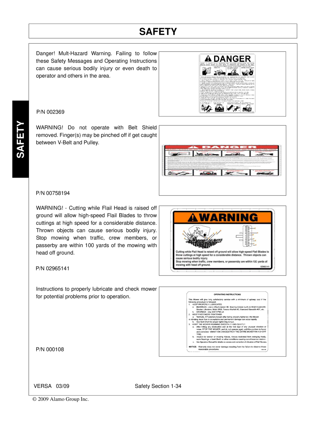 Alamo Versa Series manual Safety 