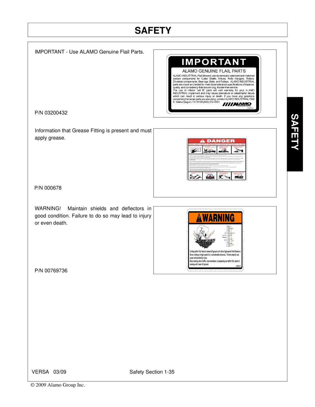 Alamo Versa Series manual Safety 