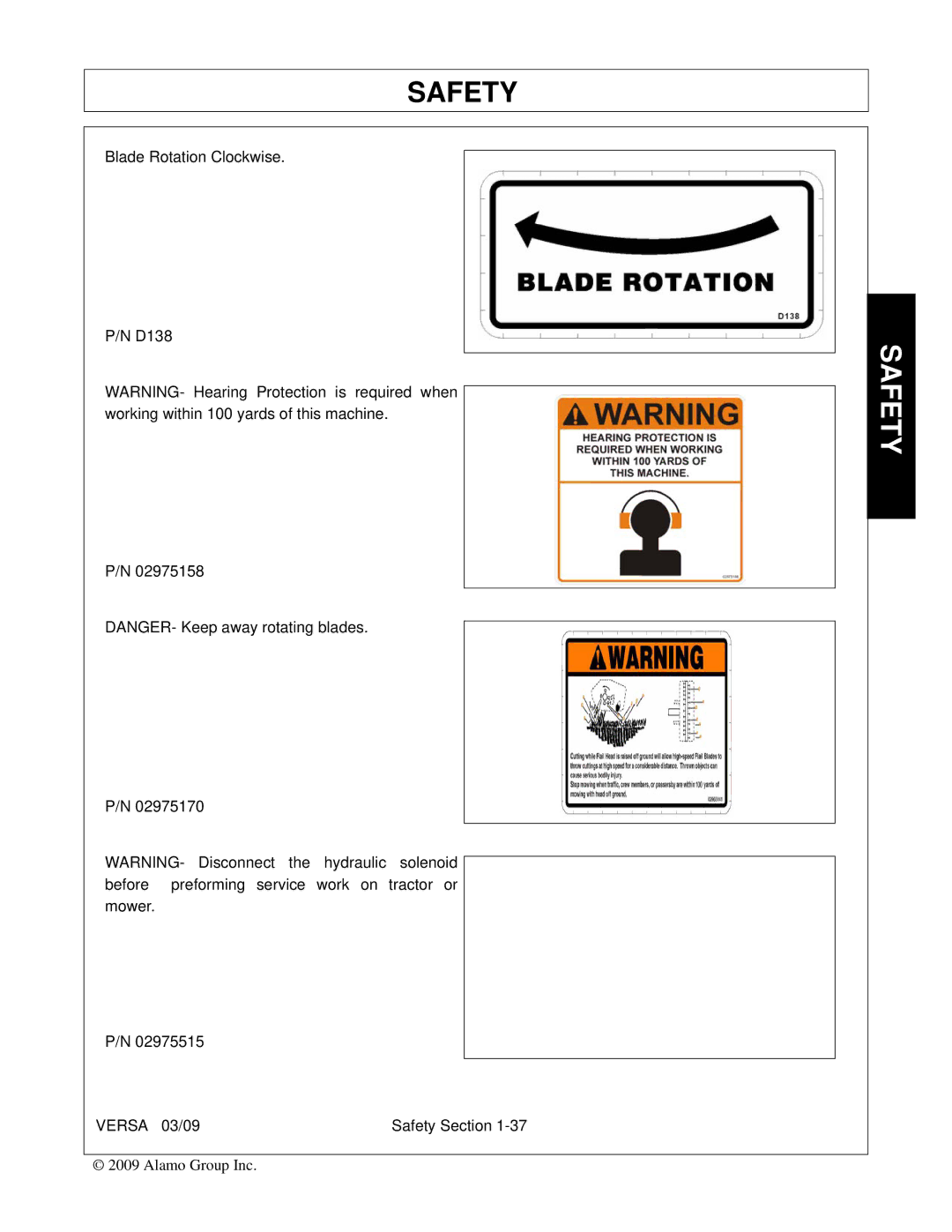 Alamo Versa Series manual Blade Rotation Clockwise D138 Versa 03/09 Safety Section 