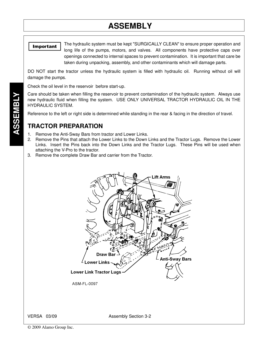 Alamo Versa Series manual Assembly, Tractor Preparation 