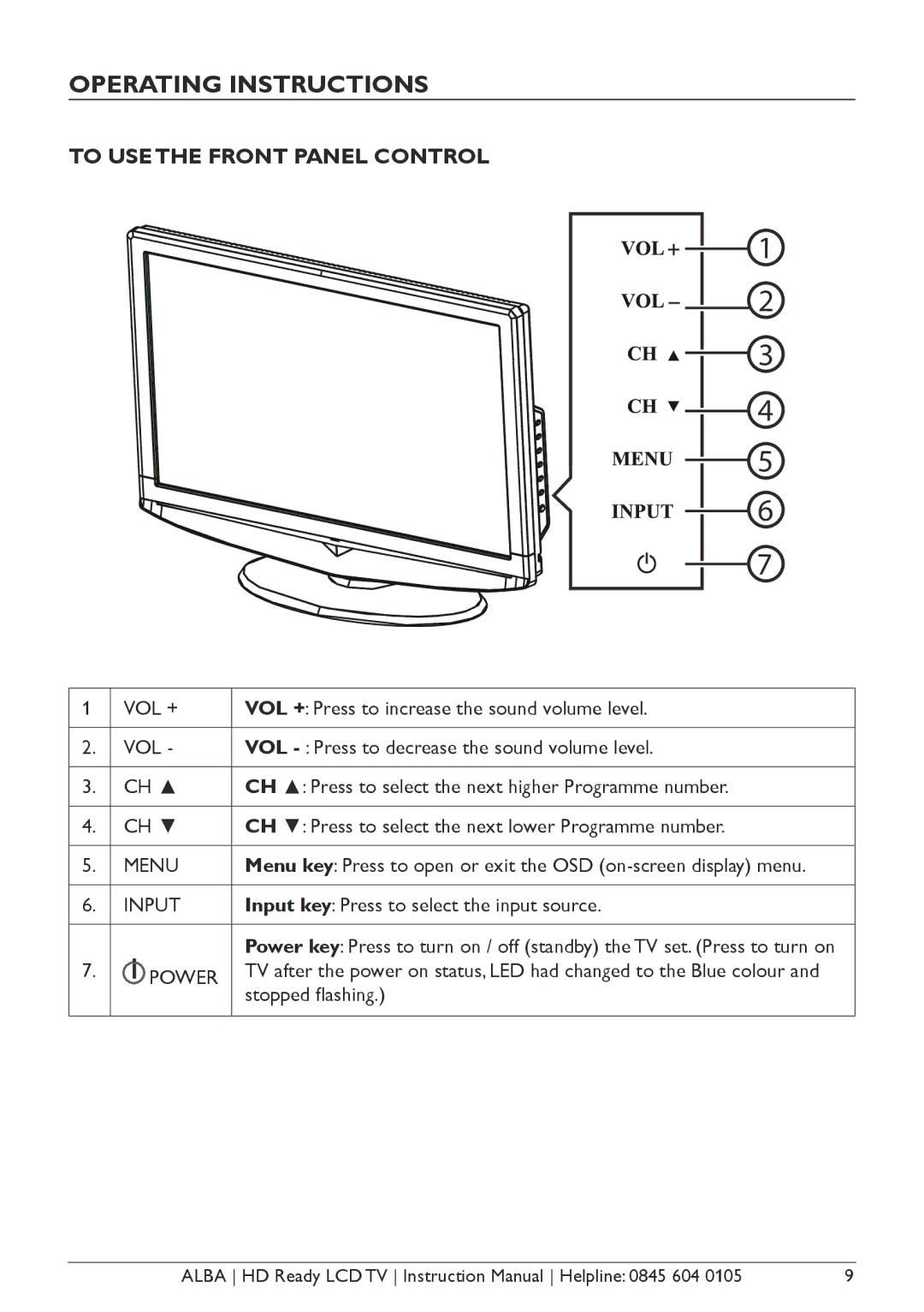 Alba L42M1, L26M1 Operating Instructions, To USE the Front Panel Control, VOL + Press to increase the sound volume level 