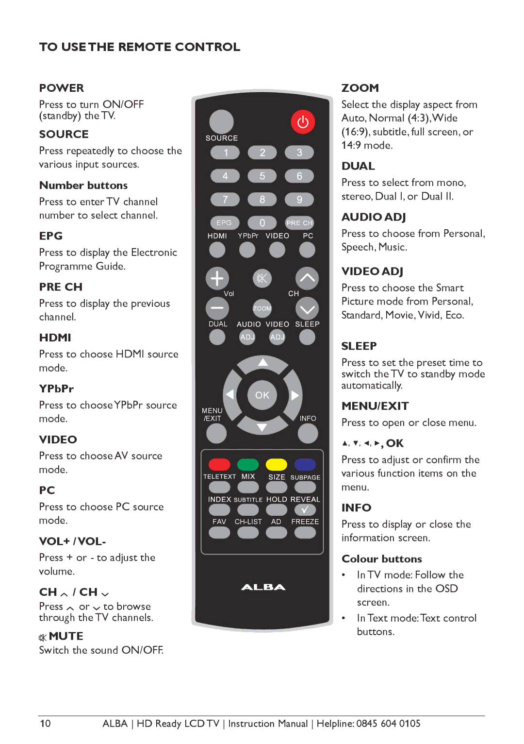 Alba L26M1, L32M1, L42M1 manual To USE the Remote Control, Number buttons, YPbPr, Colour buttons 