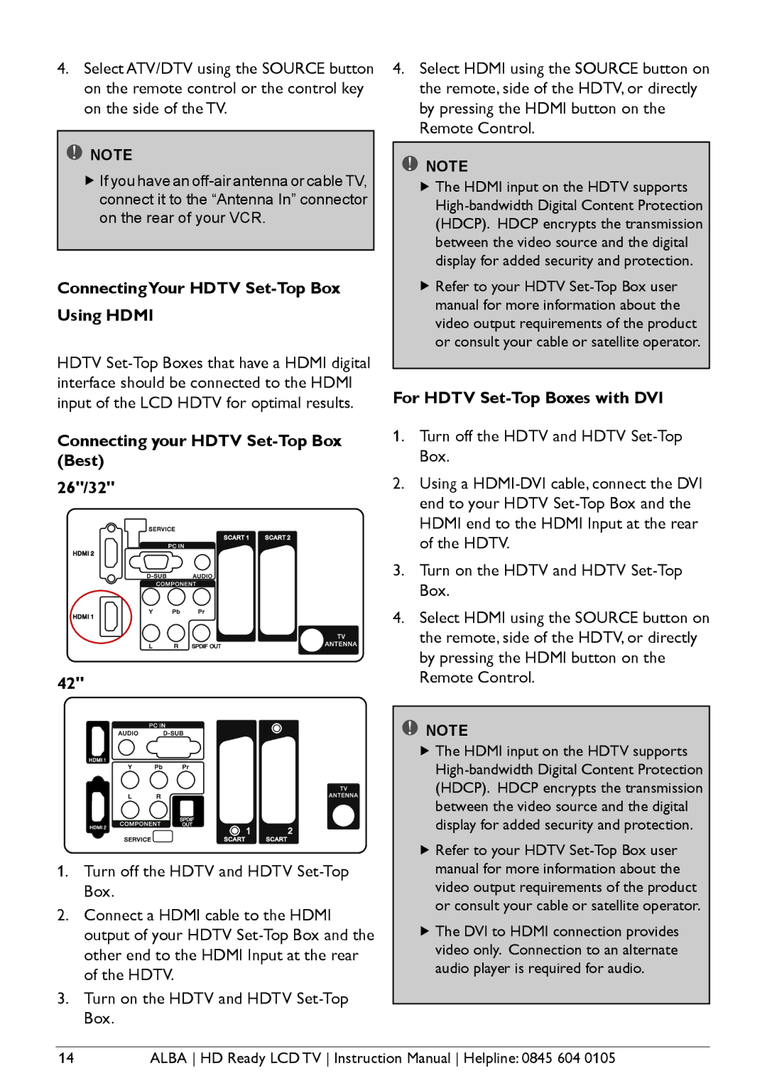 Alba L32M1, L26M1, L42M1 manual ConnectingYour Hdtv Set-Top Box Using Hdmi, Connecting your Hdtv Set-Top Box Best 26/32 