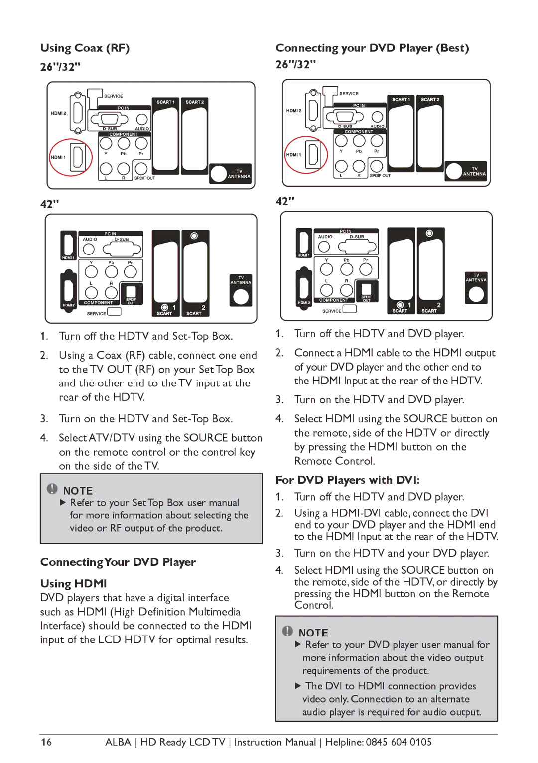 Alba L26M1, L32M1, L42M1 Using Coax RF 26/32 Connecting your DVD Player Best 26/32, ConnectingYour DVD Player Using Hdmi 