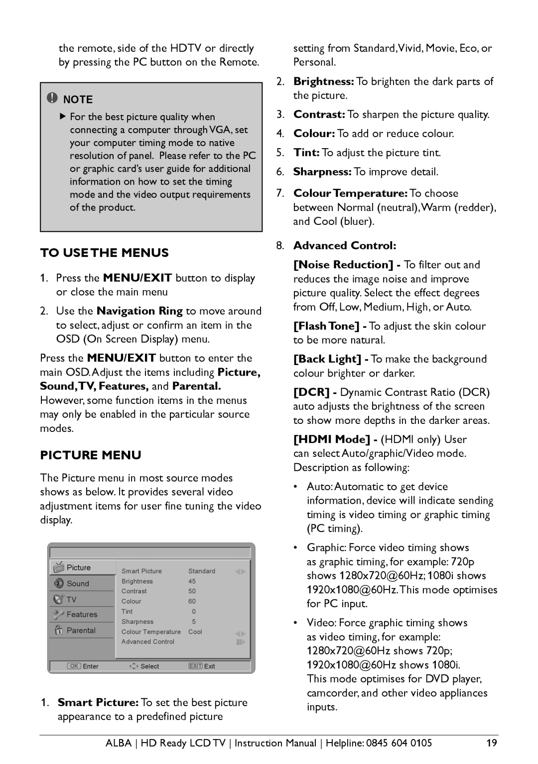 Alba L26M1, L32M1, L42M1 manual To USE the Menus, Picture Menu, Flash Tone To adjust the skin colour to be more natural 