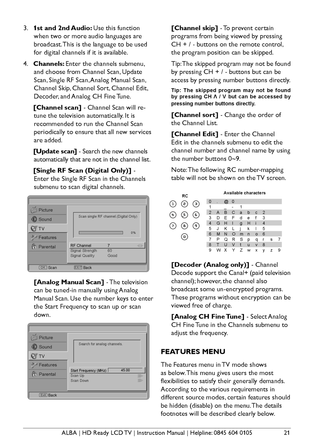 Alba L42M1, L26M1, L32M1 manual Features Menu 