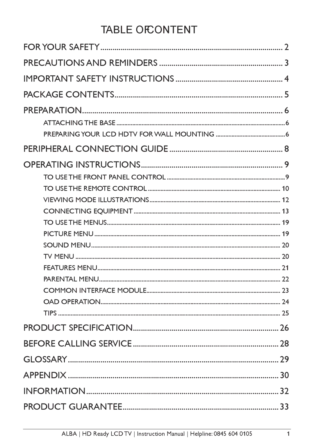 Alba L26M1, L32M1, L42M1 manual Table of Content 