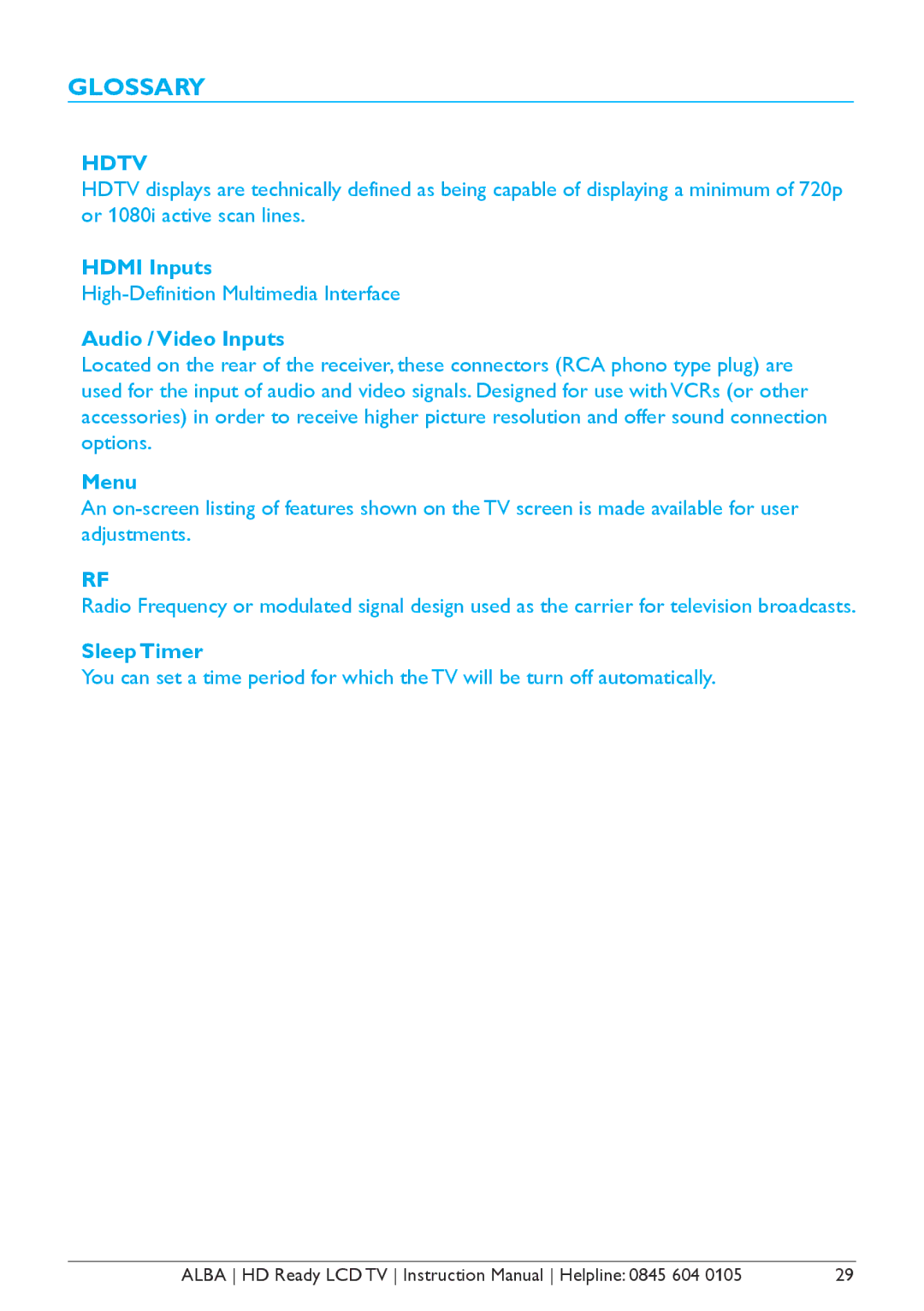 Alba L32M1, L26M1, L42M1 manual Glossary 