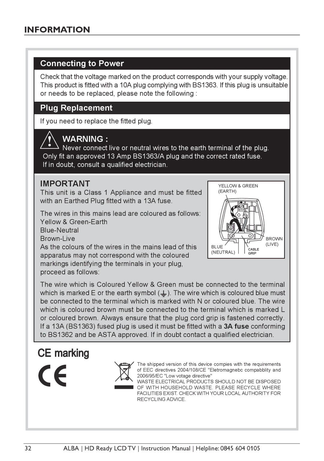 Alba L32M1, L26M1, L42M1 manual Information, If you need to replace the fitted plug 